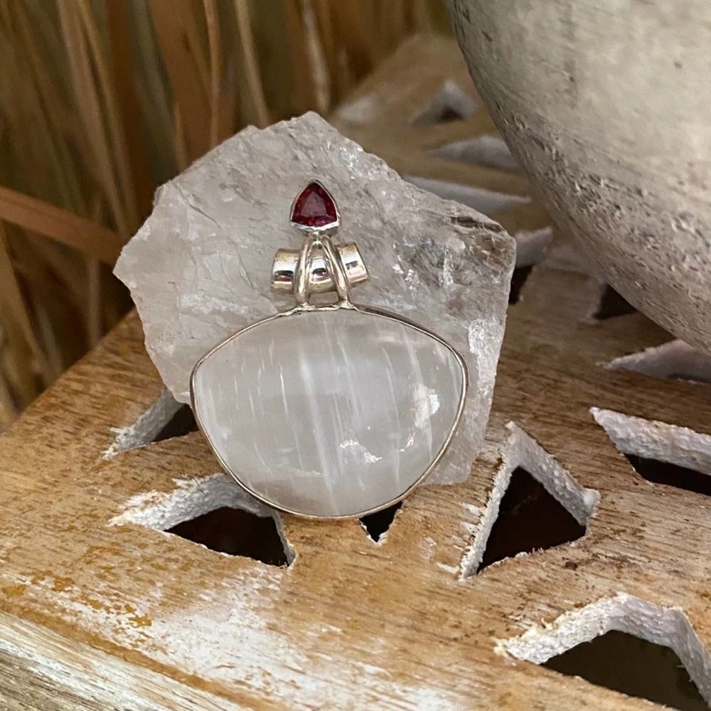 Selenite & Garnet Sterling Silver Pendant